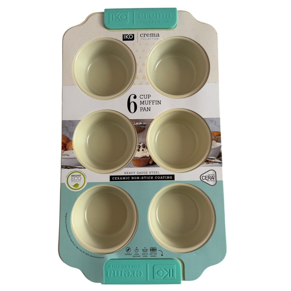 IKO Crema Collection 6 Cup Muffin Pan Ceramic Non-Stick Coating, Soft Grip, AQUA